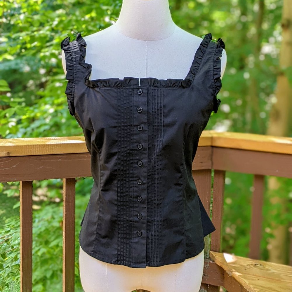 Black Cotton Ruffle-Trim Bustier-Style Blouse